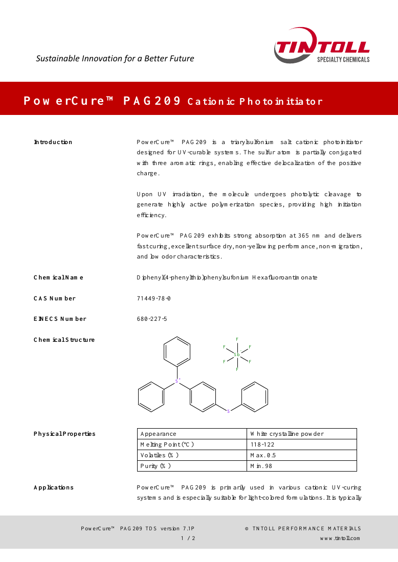 PowerCure™ PAG209 original TDS first-page preview