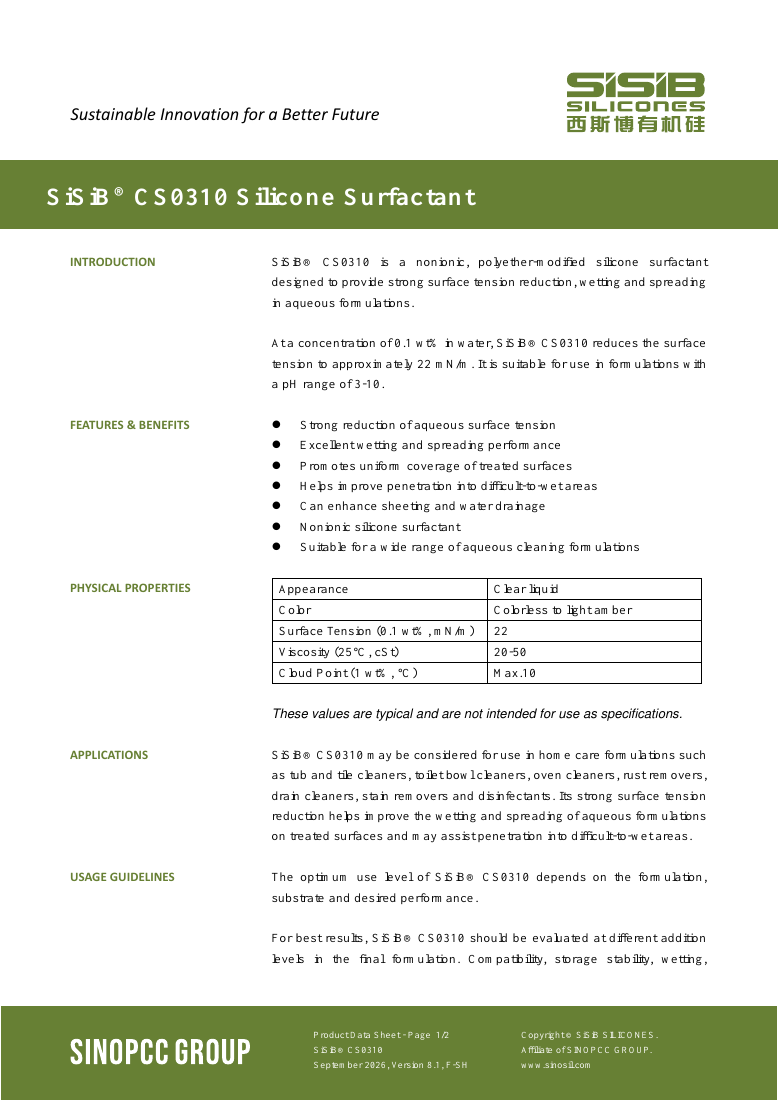 SiSiB® CS0310 original TDS first-page preview